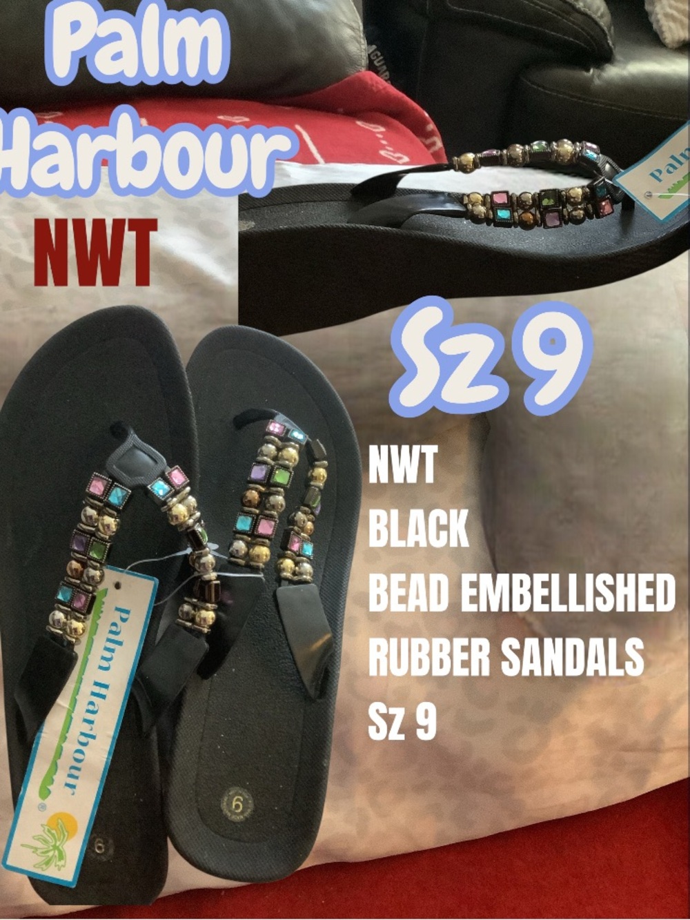 LOWEST🌺NWT Palm Harbour Sz9 Black Beaded Thong RUBBER Wedge Sandals